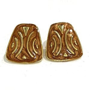 Y2K Fashion Jewelry Pierced Earrings Geometric Goldtone & Coppery Brown Enamel